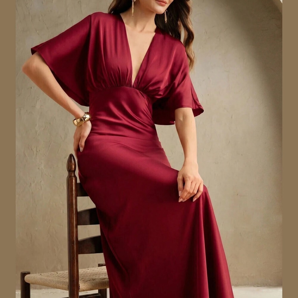 Burgundy Satin Deep V Maxi Dress with Flutter Sleeves - Picture 7 of 7